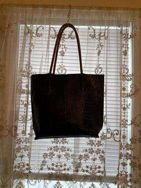 FALOR Italy Ostrich and Croc Embossed Leather Tote Bag with Woven Straps
